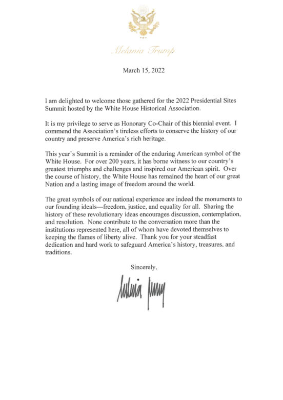 Melania Trump Presidential Sites Summit 2022 Letter White House