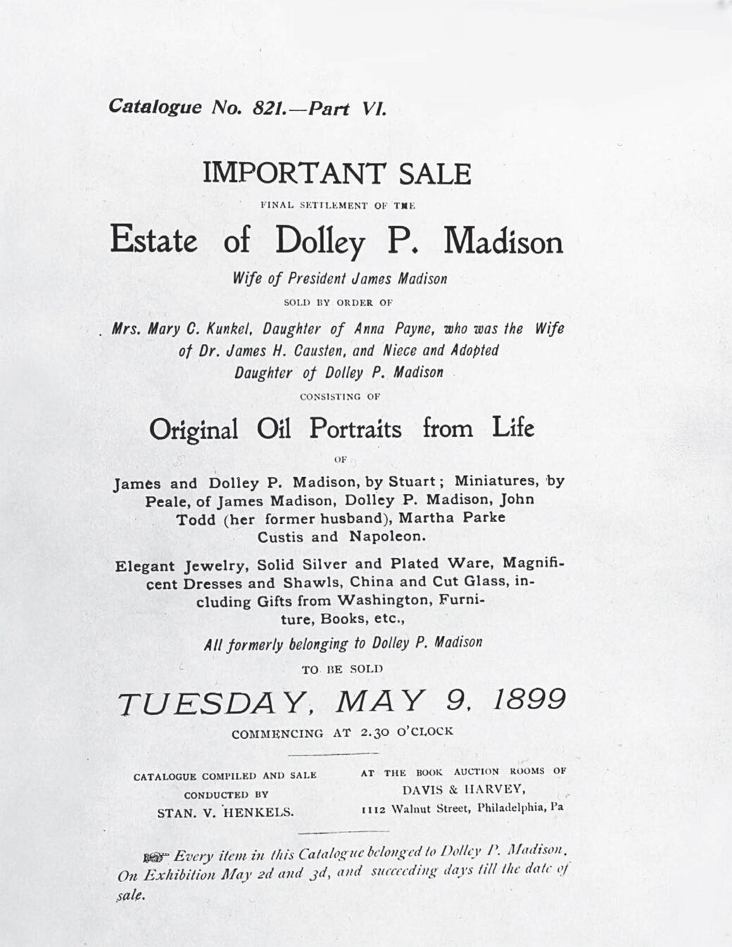 Dolley Madison Estate Sale Catalog Photo 1 White House Historical