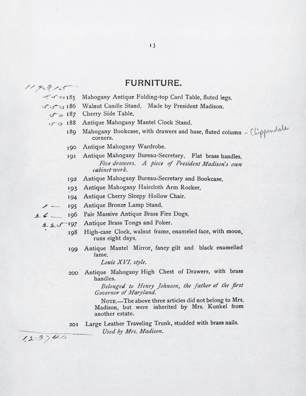 Dolley Madison Estate Sale Catalog Photo 17 White House Historical