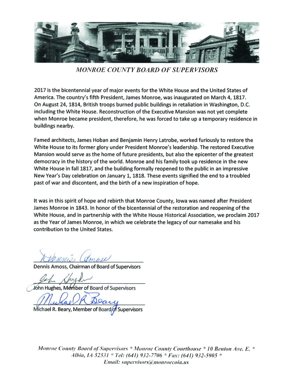 Monroe, Iowa, Proclamation White House Historical Association